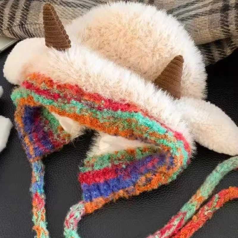 Adorable Lamb Plush Hat with Squeaky Ears Korean Soft Warm Winter Cap for Sweet Women Christmas Birthday Gifts Fur Yarn BeanieXJ251101