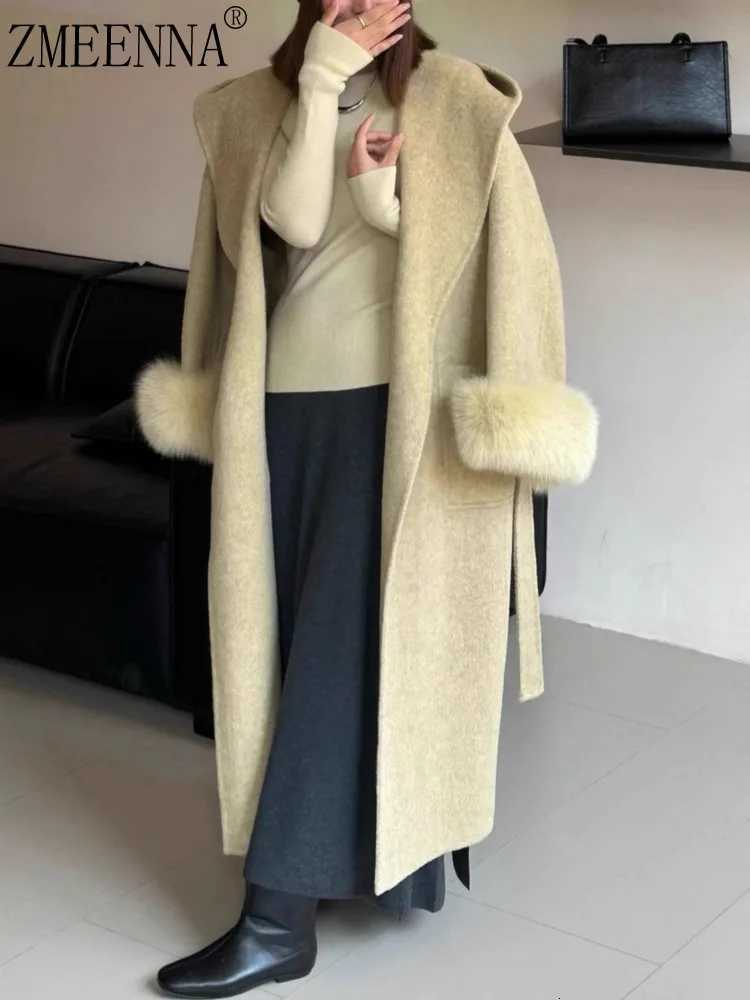 ZMEENNA Womens Long Wool Blend Coat Oversized Hooded Faux Fur Cuff Tie Belt Warm Winter Outerwear Elegant ZM4436T251101