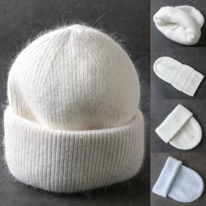 Winter Angola Rabbit Fur Knitted Beanies For Women Fashion Solid Warm Cashmere Wool Skullies Cap Female Three Fold Thick HatsXJ251101