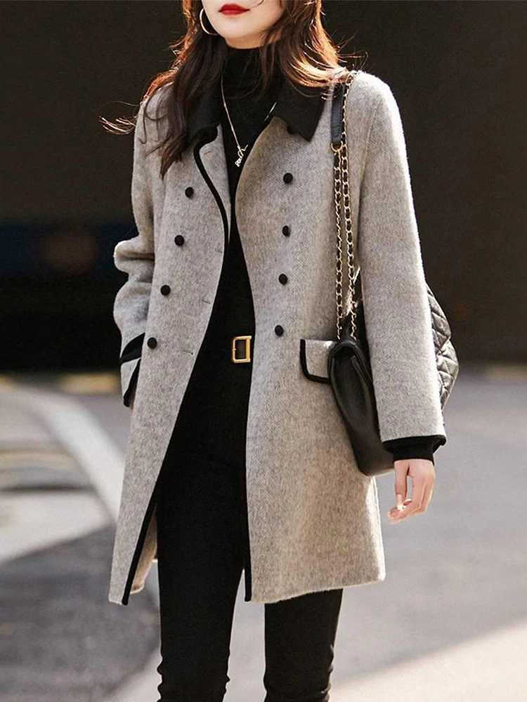 On Sale New In Coats Jackets Woman Clothing Autumn Winter Woolen Coat for Women Color Contrast Elegant Lady Outerwear CoatT251101