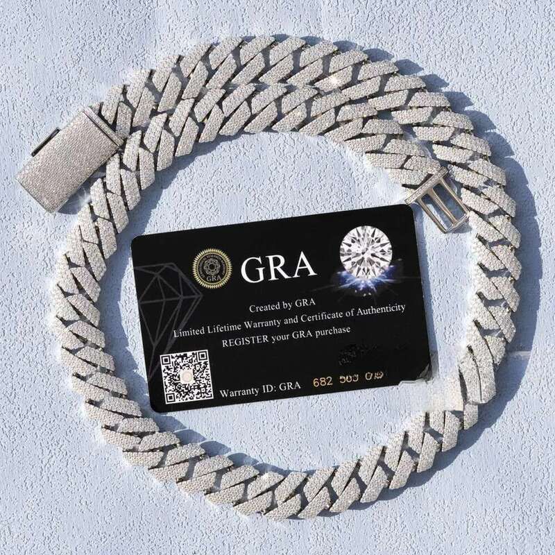 Necklace moissanite chain cuban k chainHand Setting 20mm Width Three Rows Vvs Moissanite Sier Womens Gold Plated Cuban