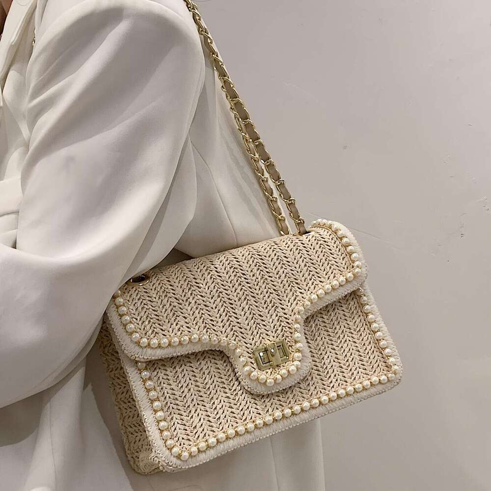 Women'S Chic Woven Straw Shoulder Bag with Pearl Accents, Fashionable Chain Crossbody Purse, Versatile Solid Color, Leather ed, Turn-lock Closure