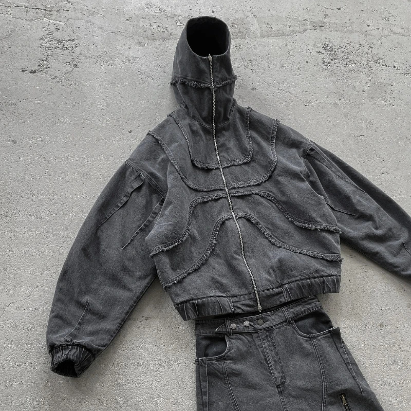 Y2K Denim Jacket American Splicing Style Gothic Vintage Trend Unisex Streetwear Punk High Street Oversized Leisure Zip Up Hoodie 250322