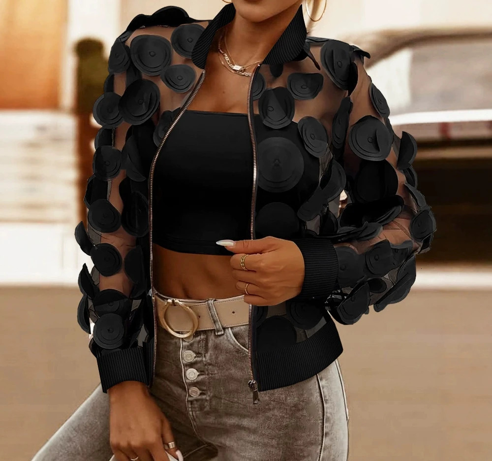 Cardigan Jacket Women Autumn Latest Floral Pattern Sheer Mesh Baseball Collar Zip Up See Through Jacket Open Front Coat 251029