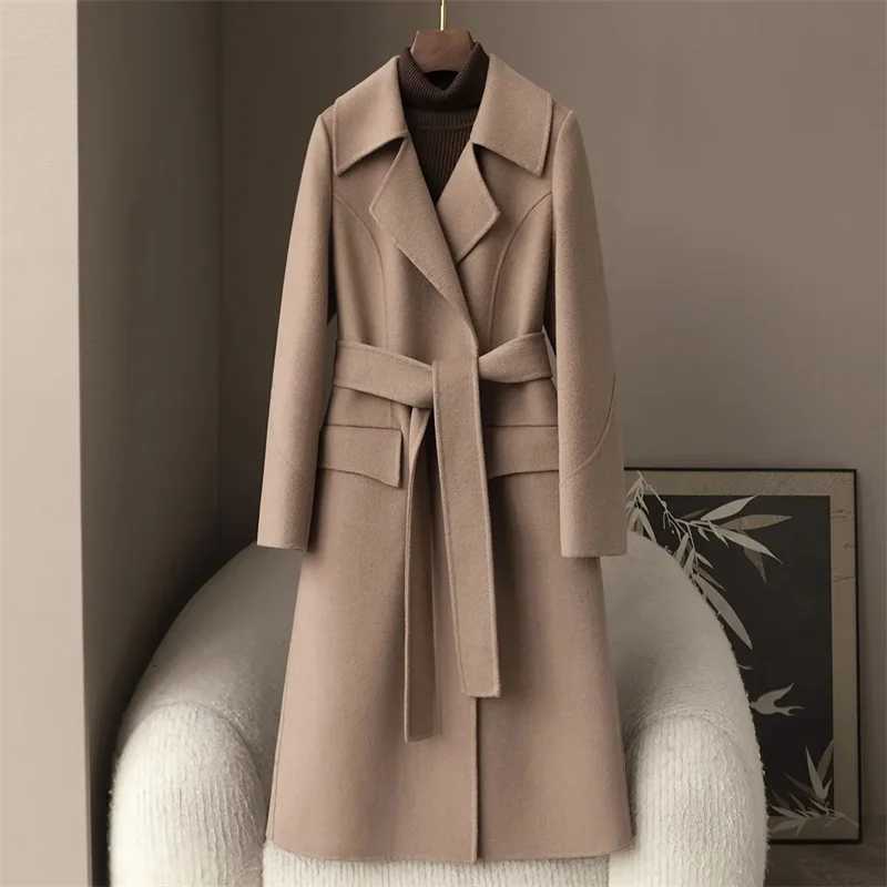 2025 Autumn 100 Wool Coats With Belt Fashion Open Stitch Elegant Woolen Cashmere Coat Veste Femme TopsT251101
