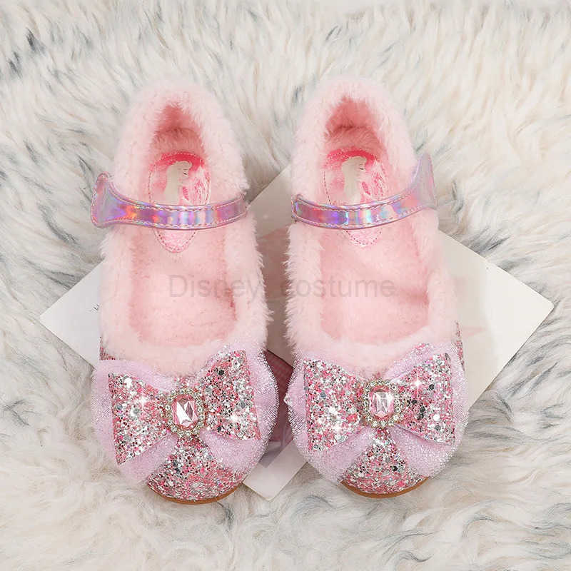 Disney Princess Girls Shoes Frozen Elsa Shoes Performance Party Warm Winter Flats Bow Sequin Pink Blue White Shoes Size 2336 H251101