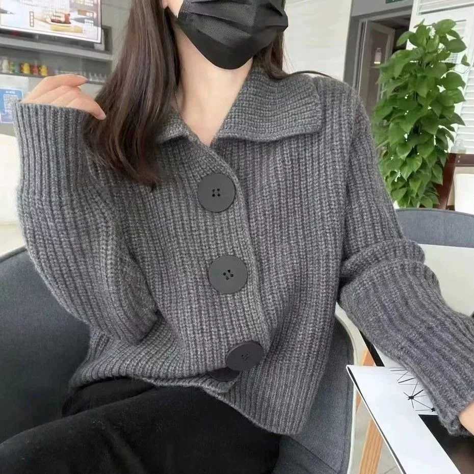 Loose Sleeve Elegant Korean Fashion Knit Cardigan for Women Chic Loose Fit with Large Buttons Lapel Collar Fall Winter ClothingT251101