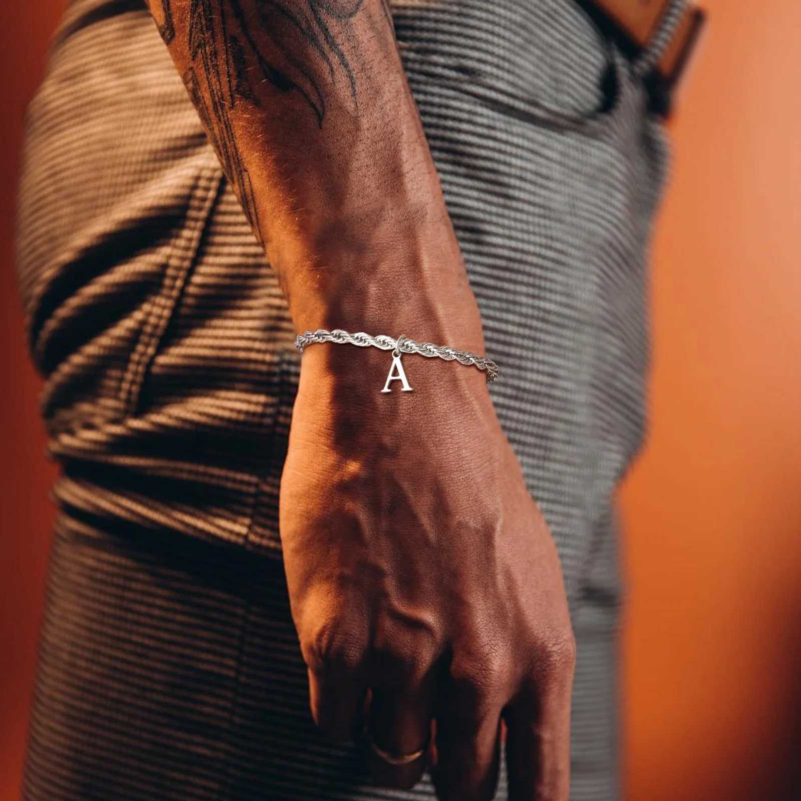 Vnox Mens Twisted Rope Bracelet with A-Z Letter Talisman Waterproof Silver Chain Bracelet Christmas Gift Y250329
