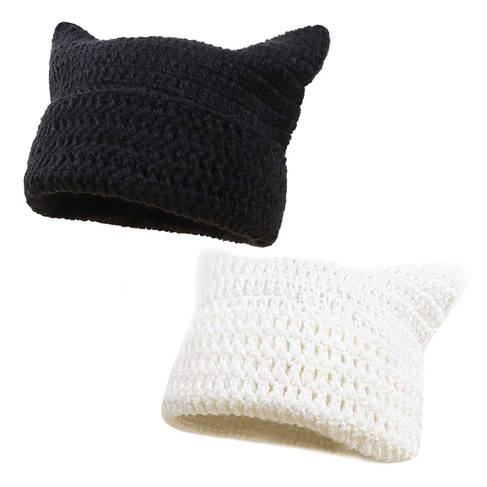 Winter Solid Korean Punk Gothic Y2k Wool Knitted Skullcap Cute Cat Ears Beanie Hats For Women Handmade Crochet PullOver HatXJ251101