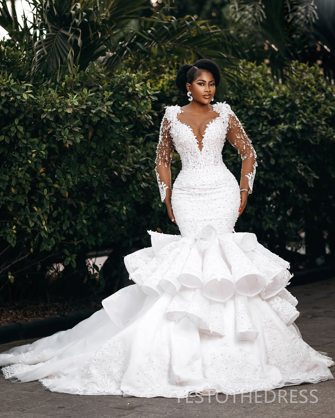 2025 Plus Size Mermaid Wedding Dress Bridal Gowns For Bride Long Sleeves Tiered Sheer Neck Illusion Long Sleeves Beaded Lace Wedding Gowns For Black W