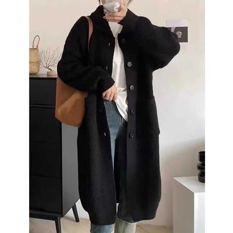 High Neck Sweater Womens Single Breasted Solid Color Long Sleeved Knitted Cardigan Mid Length Jacket Womens Spring and AutumnT251101