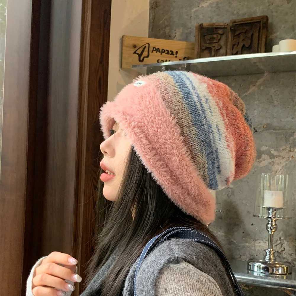 Rainbow Color Block Slouchy Beanie Women Thermal Knitted Winter Hat with Ear Flaps Fashion Outdoor Snow Sports Stretch FitXJ251101
