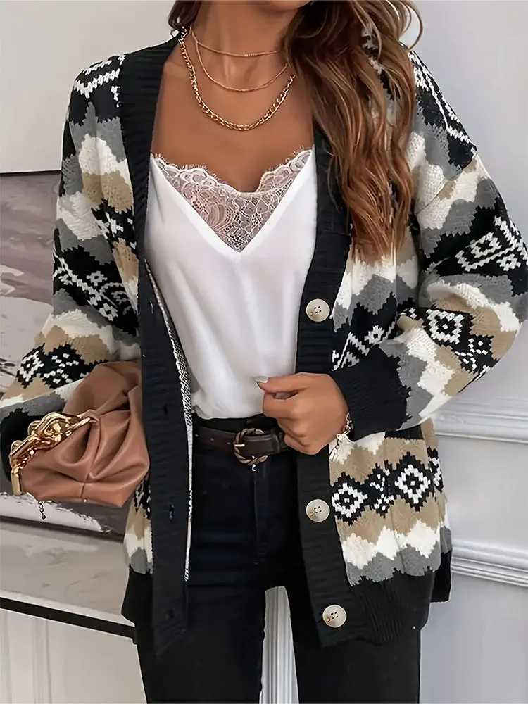 New Printed With Button Jacket Knit Sweater Womens Loose Lazy Wind Thickened Soft Warm Sweater Coats Fashion Knit CardiganT251101