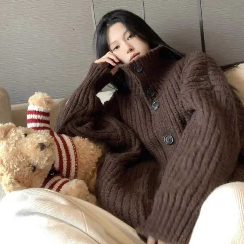 Loose Lazy Sweater Women Twist Fashion Knit Autumn Winter Warm Cardigan Harajuku Stand Collar Gray Vintage Female JumpersT251101