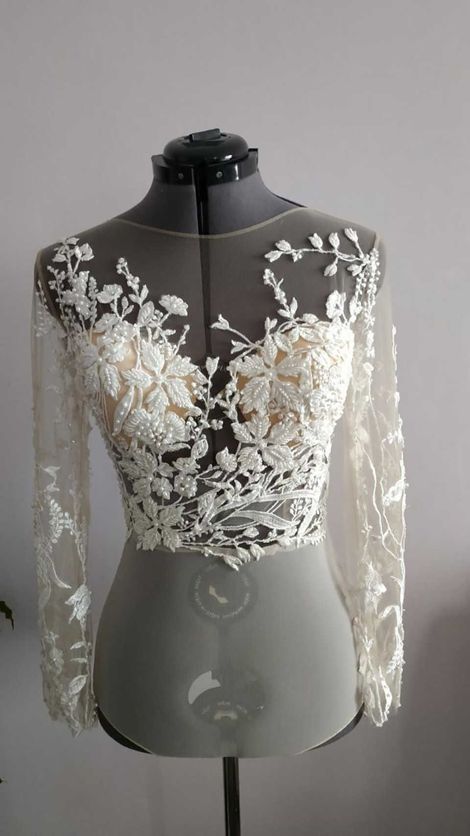 Modern Long Sleeve Bride Wrap Lace O Neck Pearls Beaded Appliques Bridal Jacket High Quality Wedding Accessories Customized