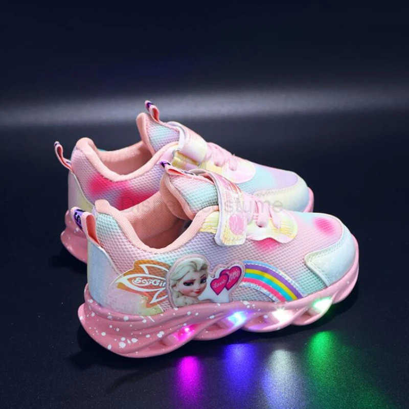 Disney LED Casual Sneakers Pink Purple For Spring Girls Frozen Elsa Princess Print Outdoor Shoes Children Lighted Nonslip Shoes H251101