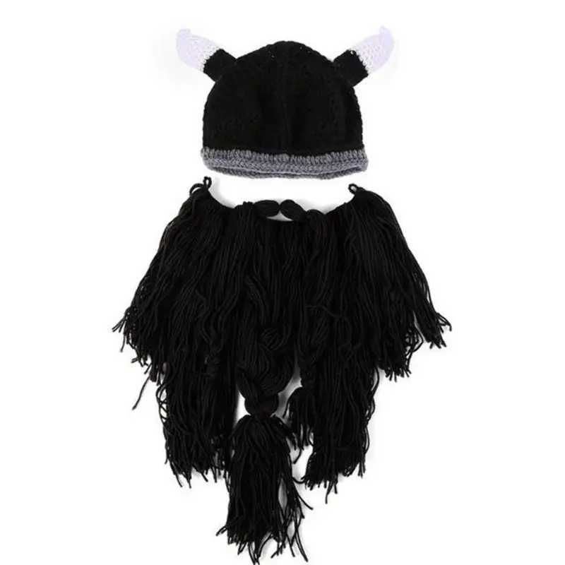 Funny Viking Beard Knit Beanie Hat Winter Warm Mask Cap for Creative Pirate Horn Hat for Halloween Cosplay Masquerade PaXJ251101