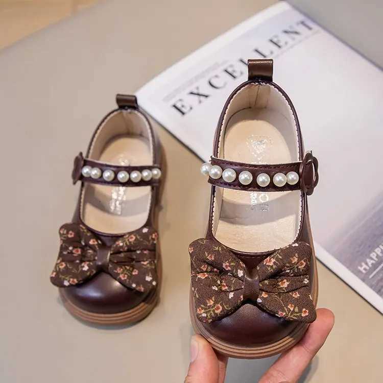 Children Leather Shoes with Cute Sweet Bow Girls Princess Flat Shoes 2024 New Fashion Kids Casual Shoes Soft Sole Simple PearlT251101