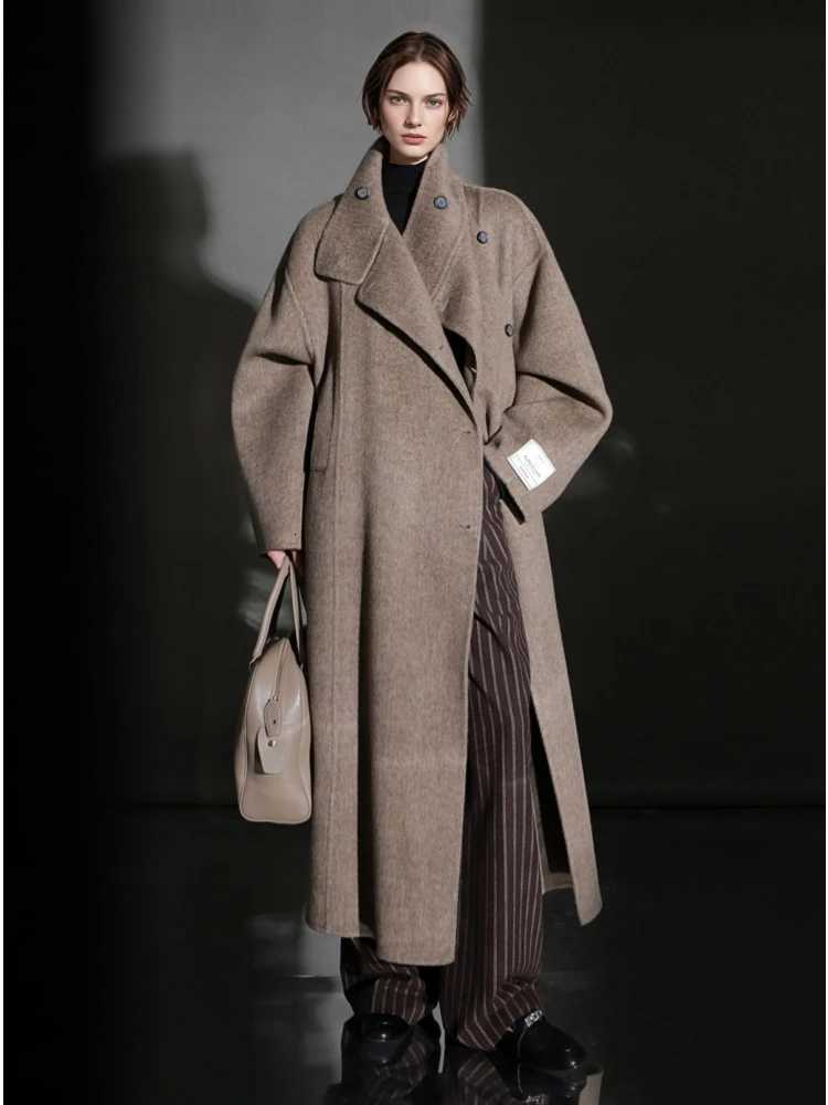 Office Lady Herringbone Alpaca Woolen Jackets 2025 Autumn And Winter Vertical Collar LaceUp Thick Loose Womens Long Wool CoatsT251101