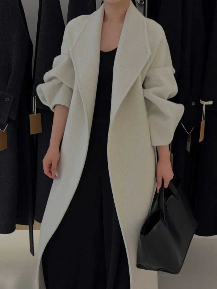 ZMEENNA Long Wool Blend Coat For Women With Oversized Lapels And Tie Belt Stylish And Elegant Winter Outerwear ZM4032T251101