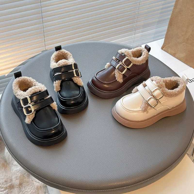 2024 Winter New Children Leather Shoes with Cotton Girls Fashion British Style Soft Antislippery Versatile Princess Chic ShoesT251101