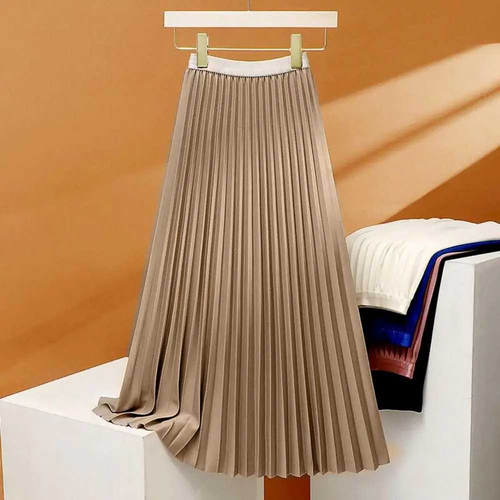 Summer womens pleated solid color elastic high waisted womens dress casual cotton blend A-Line smooth satin long skirt M250401
