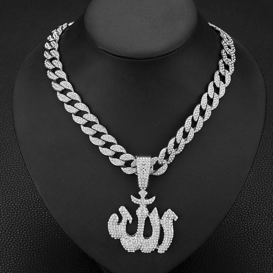 Iced Out 15mm Width Cuban Link Chain With Hip Hop Alloy And Bling Rhinestone Arabic Symbols Pendant Necklace 251031