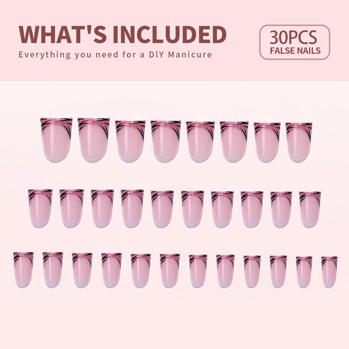 30pcs French Pink Duckbill Fake Nails Leopard Flower Print Press on Nail Wearable Detchable Sweet Cool Spicy Girl False Nails