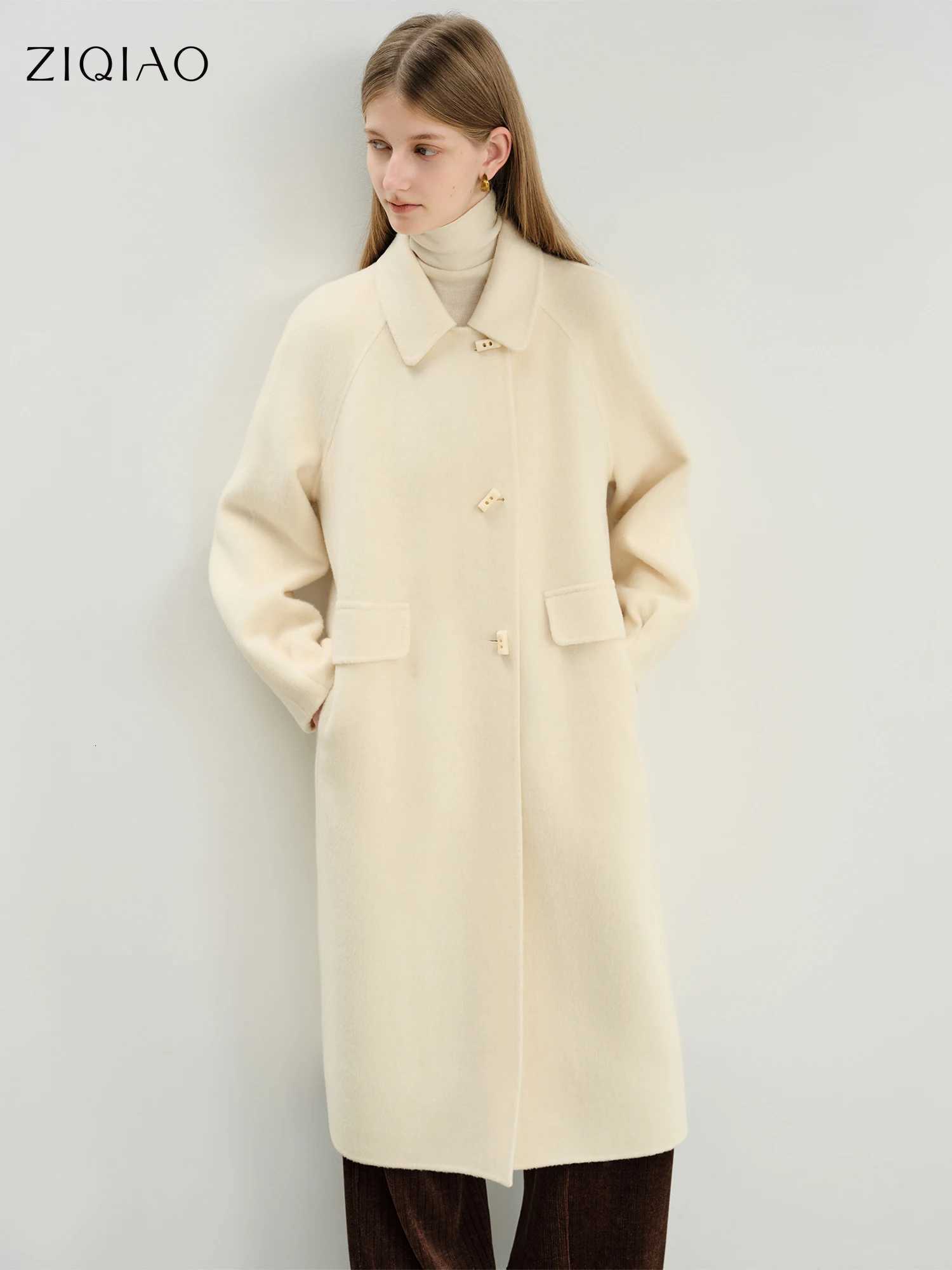 ZIQIAO Craft Studio Soft Pink DoubleFaced Trench Coat for Petite Women Winter 2025 New Arrival 100 Wool Overcoat Wool CoatT251101