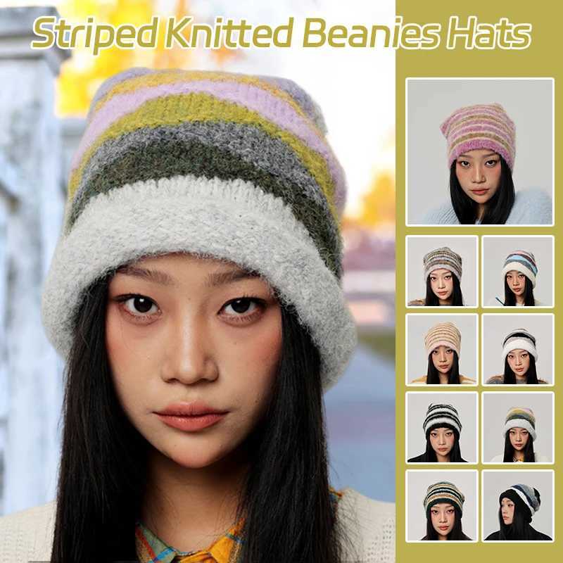 New Striped Knitted Beanies Hats For WomenMen Winter Plush Warm Skullies Hat Unisex Outdoor Coldproof Ski Ear Protection CapsXJ251101