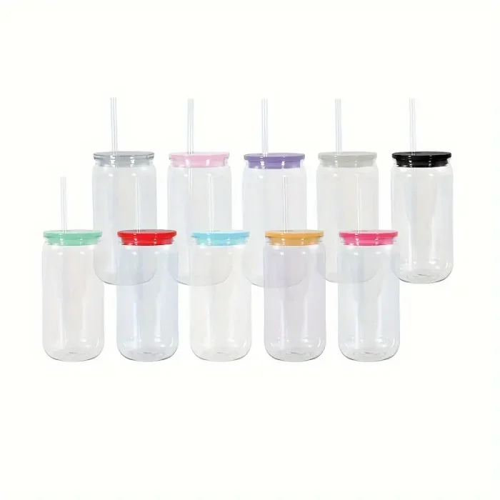 USA SHIP 16oz acrylic libbey can cups clear plastic drinking tumblers with colored PP lid straw cola food mason jars for vinly reusable cups 50pcs/cas
