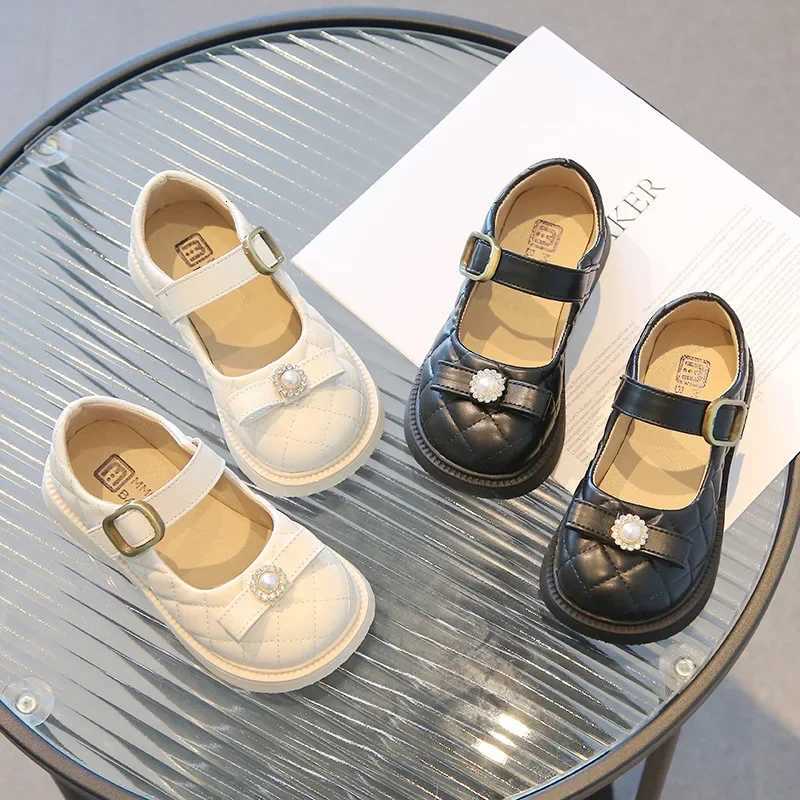 New Fashion Chic Shoes for Girls Mary Janes Rhombic Grid Leather Shoes Childrens Loafers Kids Flats Pearl Bowknot Student ShoesT251101