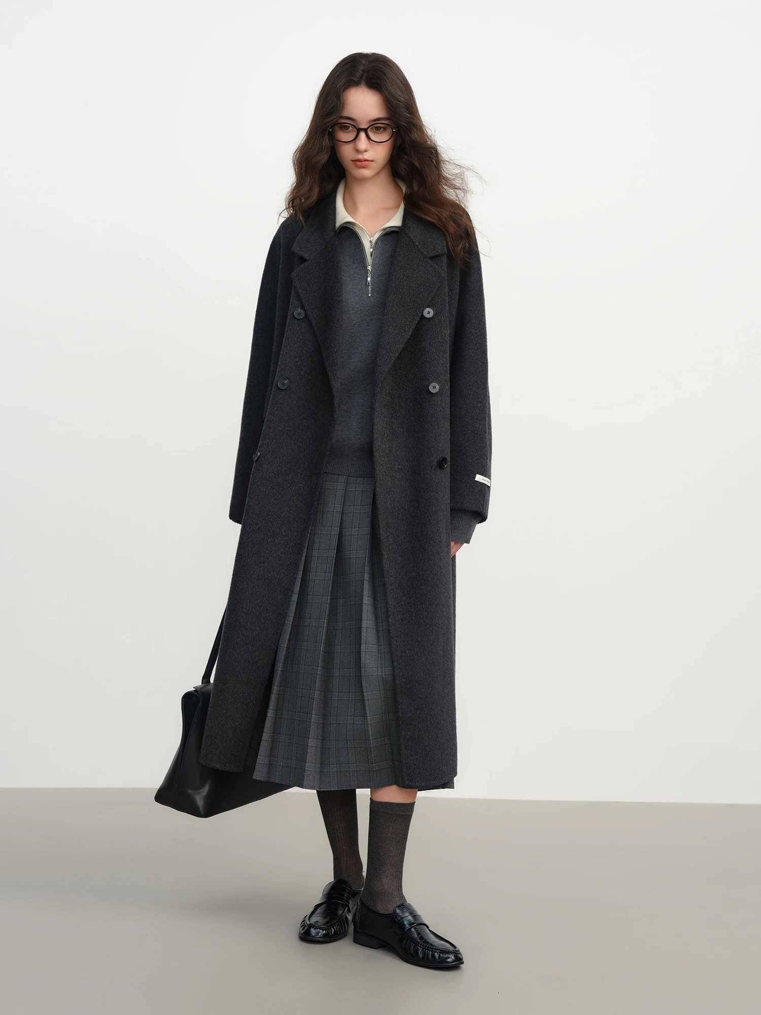 FSLE Cashmere Doublebreasted Collar Woolen Coat Women 2025 Winter Commuting Light Blue Casual Loose Lazy Simple CoatT251101