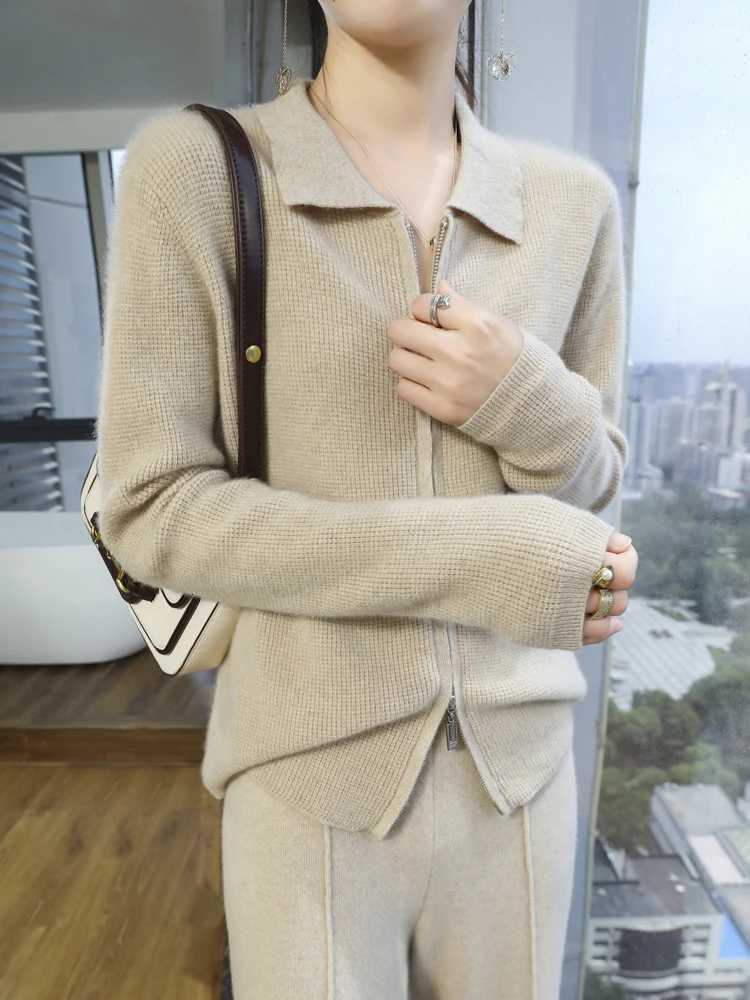 Autumn Winter Women Zipper Cashmere Cardigan POLO Collar Casual Sweater 70 Merino Wool and 30 Goat Cashmre Knitwear Female CoT251101