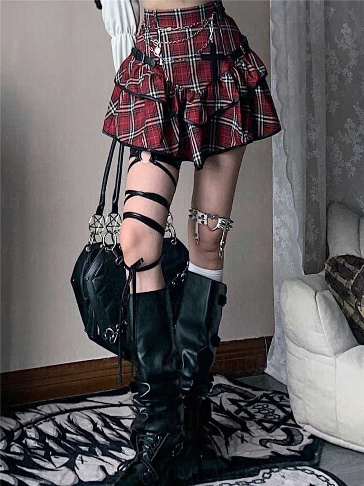 AltGoth Punk Gothic Red Checkered Skirt Womens Retro Y2k E-girl Emo Alt Waist Cake Skirt Harajuku Fairycore Grunge Clubwear M250401