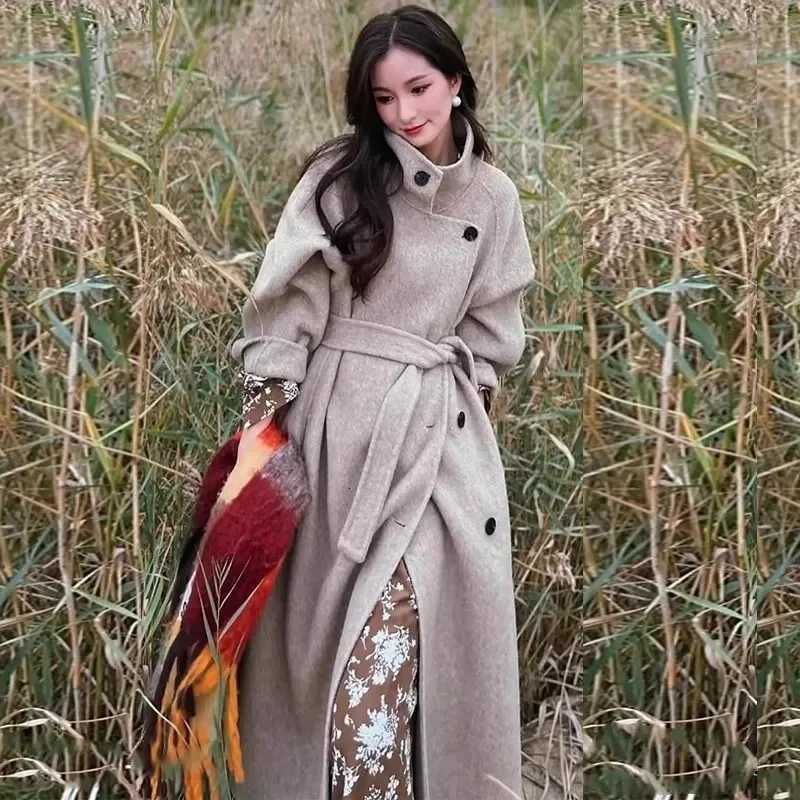 2025Notch Lapel Wool Coat DropShoulder Women 100 Wool Loose Overcoat DoubleLayers Autumn Winter Long Jacket Thick Trench CoatT251101