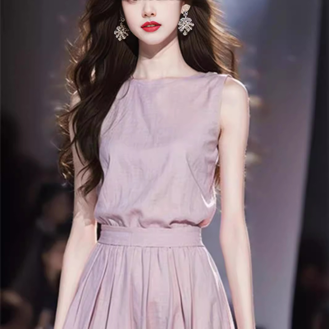 T5175 High quality 2025 new style light luxury high-end waist long skirt French style beautiful unique purple sleeveless dress