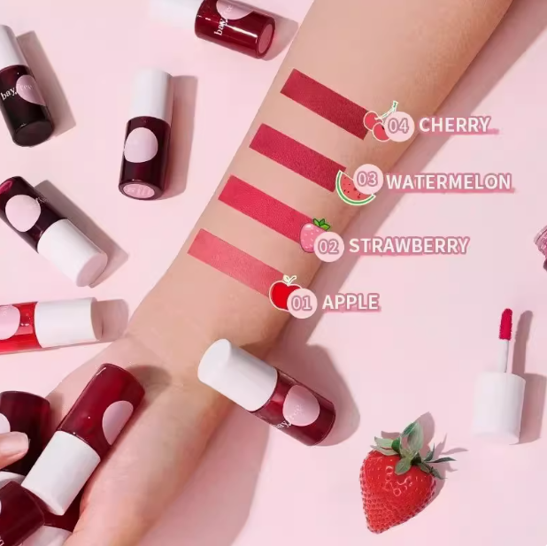 4 Colors Fruit Juice Lip Tint Non-stick Cup Liquid Lipstick Long-Lasting Matte Lip & Cheek Tint Moisturizing Makeup Cherry Juice Lip Gloss Liquid Mirr
