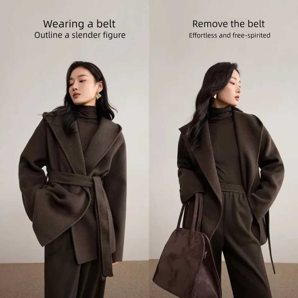 SENTUBILA Womens 100 Woolen Double Sided Coat 2025 Winter Hooded Bathrobe Loose jacket Versatile Fashion Outerwear W54OC2735T251101