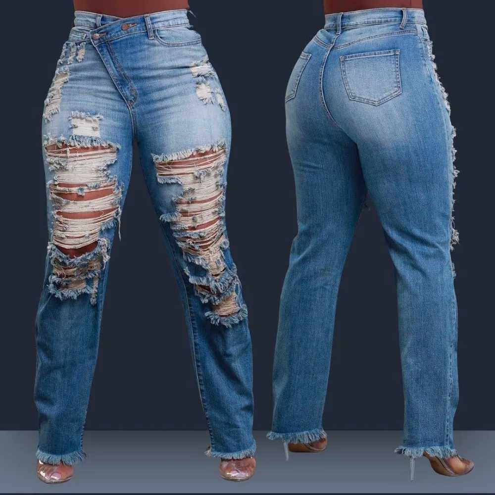 Jeans Ankle Length Women Pencil Denim Hole Pants Ripped Pockets High Waist Jean Skinny Streetwear Button Washed Distressed J251031