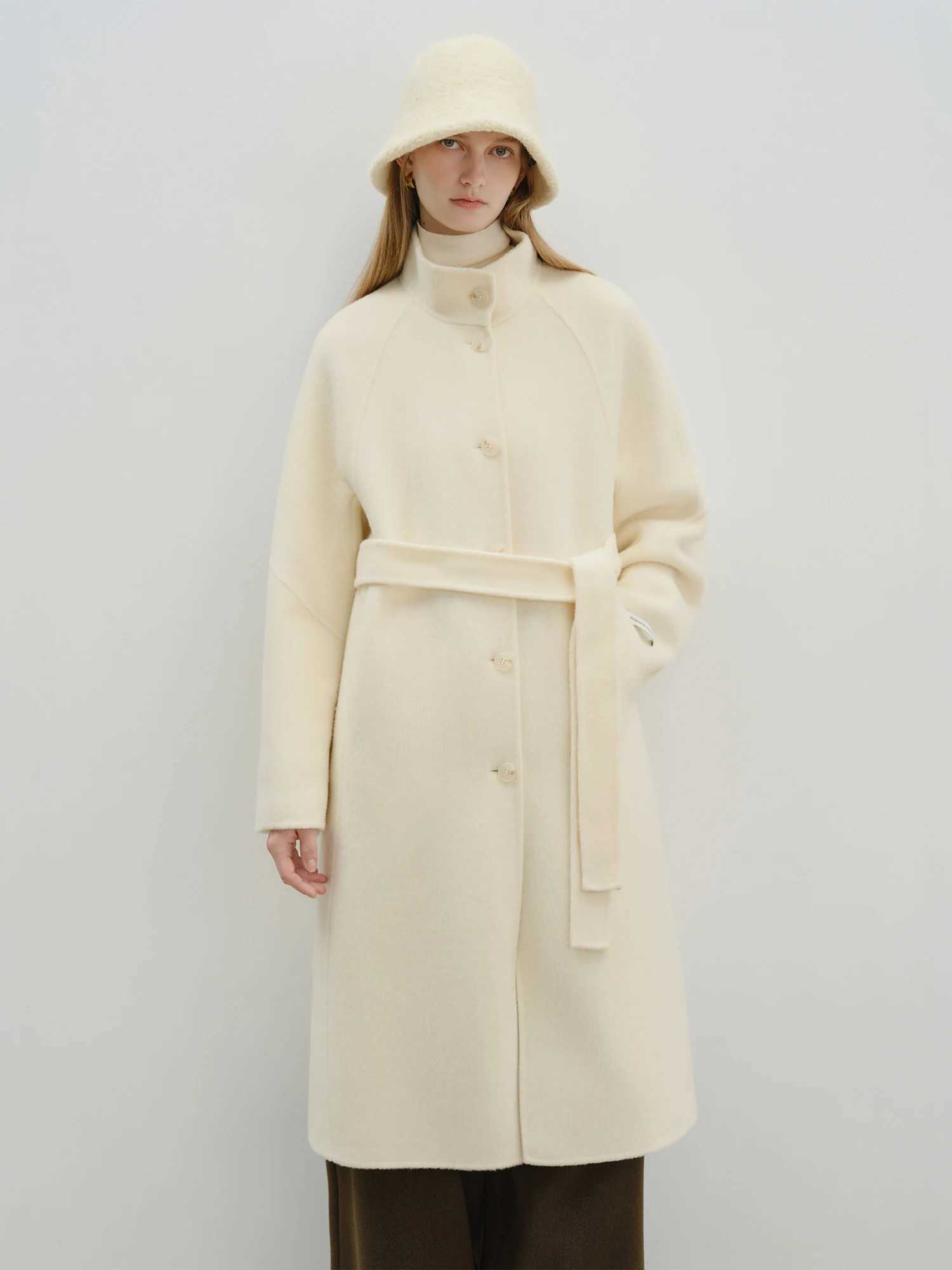 ZIQIAO White Yak Wool Coat Women 2025 Winter New Woolen Coat Sashes Solid Simple Clean Fit Ins Temperament Commuting CasualT251101