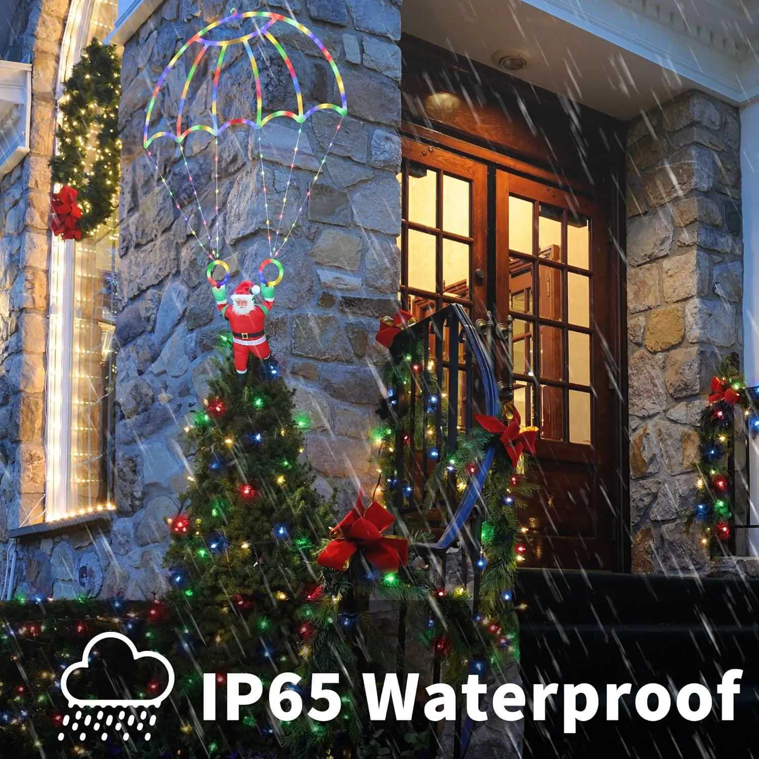 Christmas Decorations Lights Outdoor 28ft USB LED Christmas Parachute Light with Santa Claus for Roof Eave Balcony Garden Decor Z251101