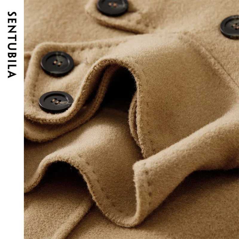 SENTUBILA Korean Style 100 Wool Coats for Women 2025 Winter Oversize Warm Double Breasted Stand Neck Belted Outerwear W44O56385T251101