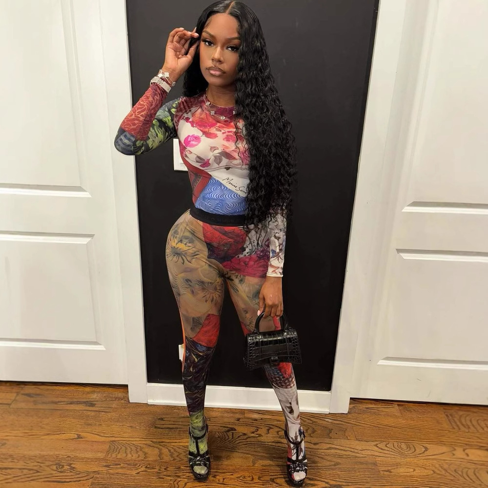 New Fashion Color Contrast Printed Trendy Stretch Pants Long Sleeve Round Neck Top Set For Women