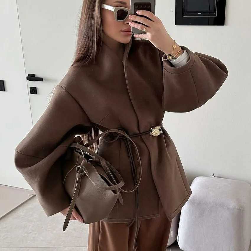 Brown waist woolen jacket womens design sense temperament fashionT251101