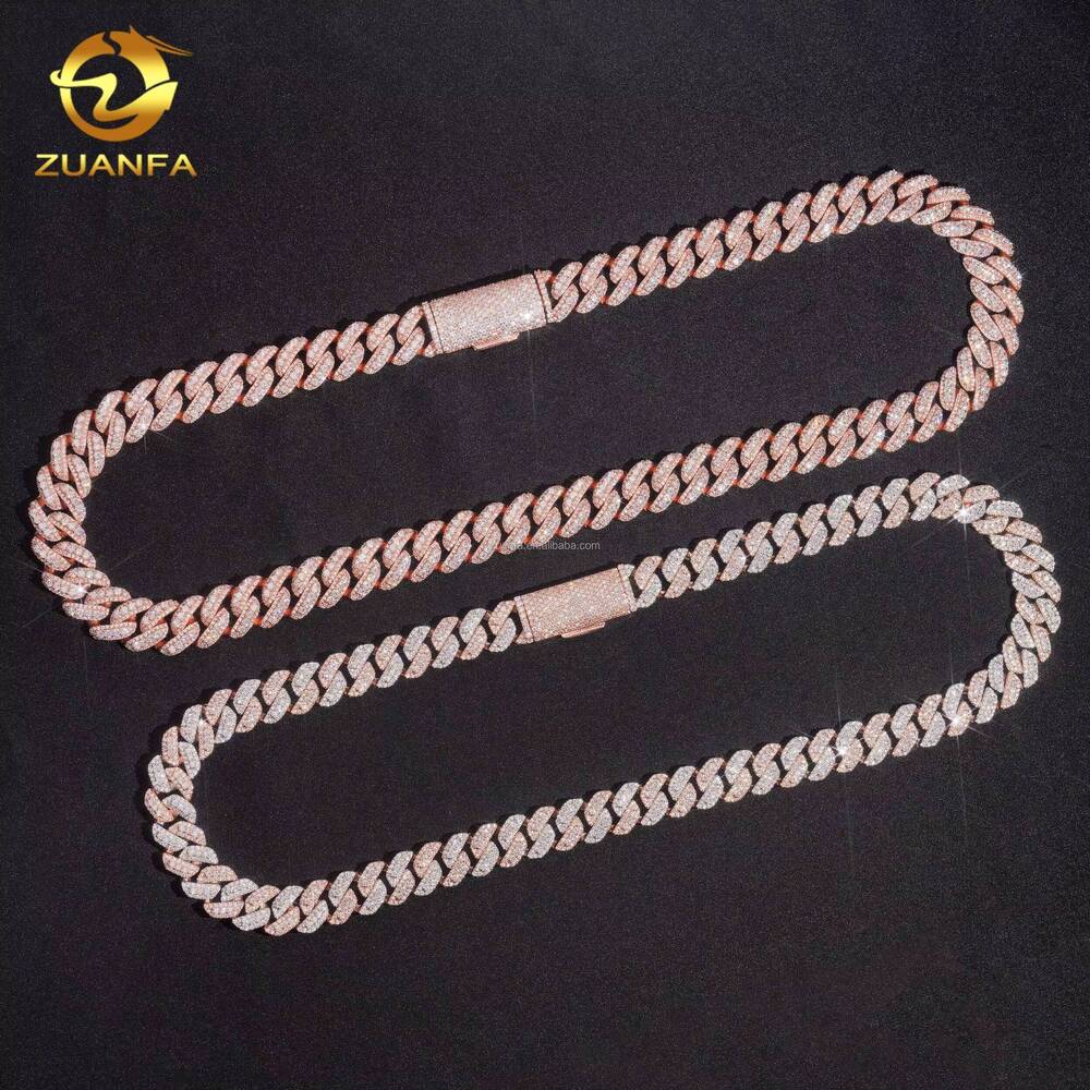 13mm 15mm Three Rows Unique Popular Design Iced Out Hip Hop Flawless S925 Sterling Silver Moissanite Diamond Cuban Link Chain