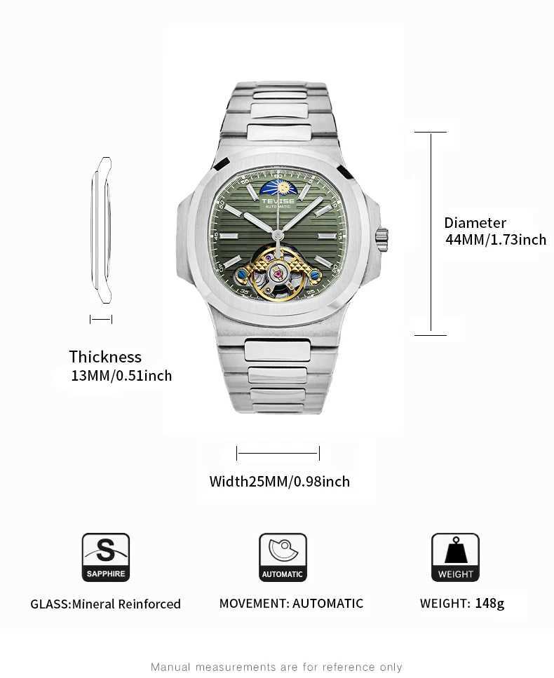 TEVISE New Automatic Mechanical for Men Moon Phase Skeleton Stainless Steel Fashion Waterproof Luminous Hands GiftW251031