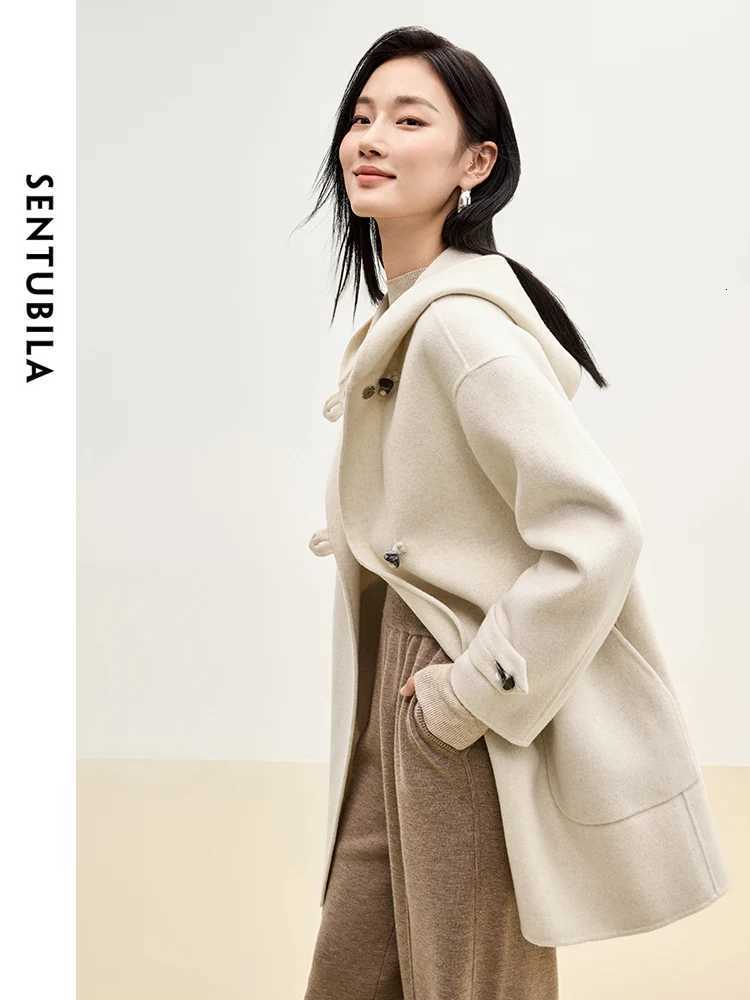 SENTUBILA Double Sided 100 Woolen Coat 2025 Winter Midlength Straight Bull Horn Buckle Female Hooded Outwear W44O55979T251101