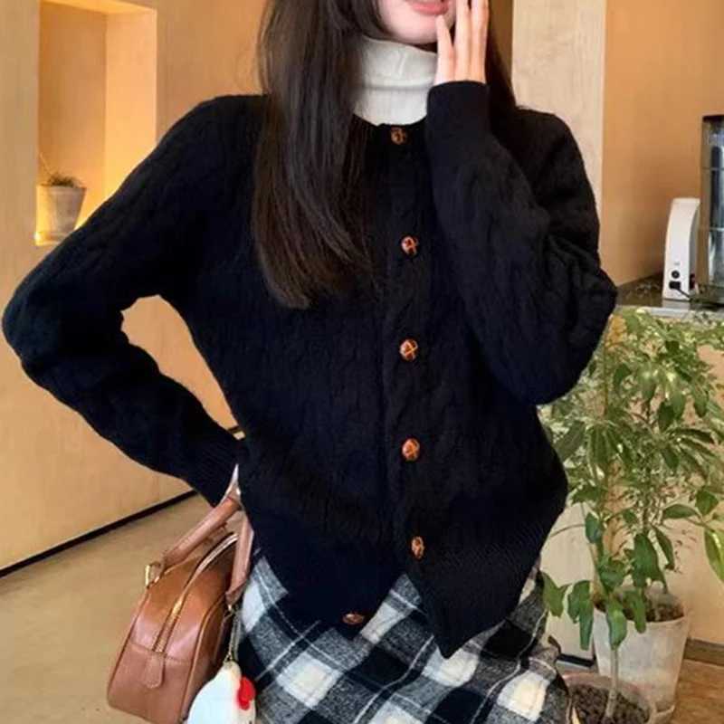 Retro Green Knitted Cardigans Women Autumn Winter Single Breasted Crop Cardiagn Woman Chic Round Neck Long Sleeve Sweater CoatsT251101