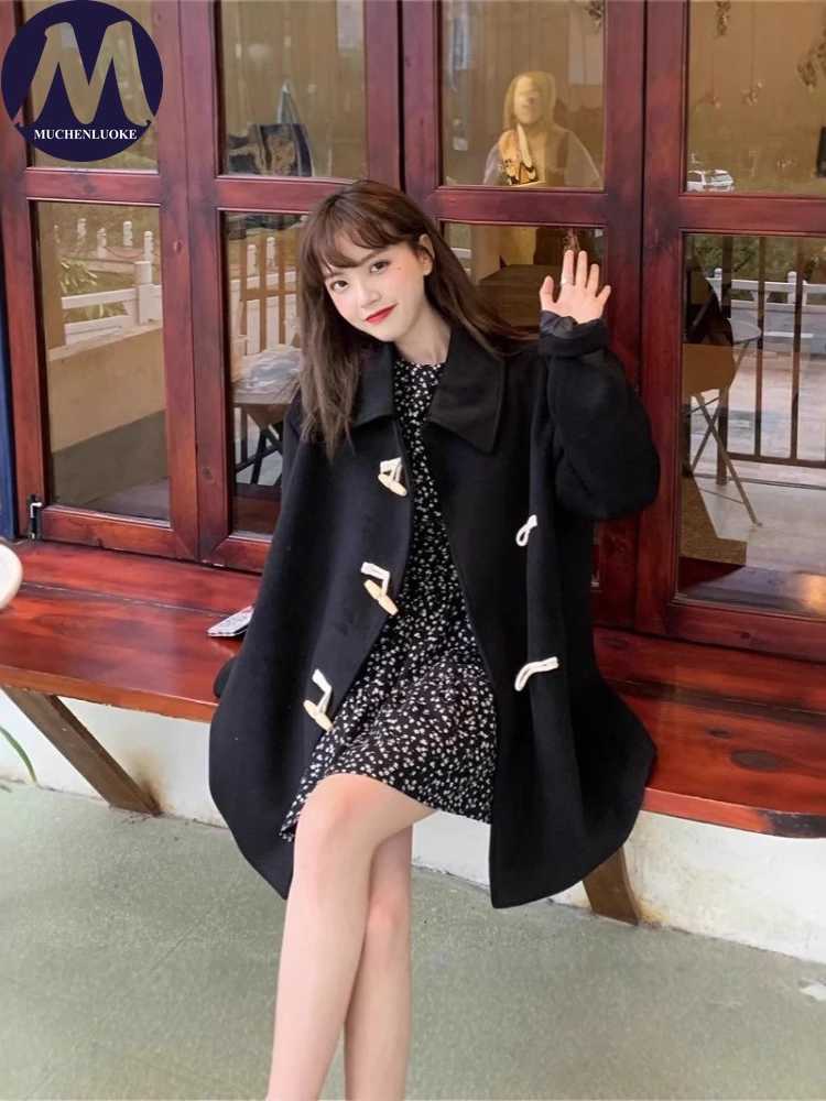 Womens Trench Coat Autumn Winter Long Sleeves Horn Button Medium Length Woolen Coats Korean Fashion Casual Loose Keep Warm CoatT251101